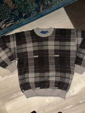 Towncraft Plaid Crew Neck Sweater Size XL Gray Black Grandpa Vintage